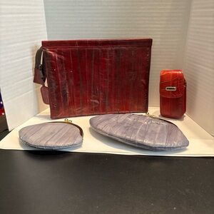 Elegant Red Gray Orange Eel Skin Cosmetic Bag Set Lot